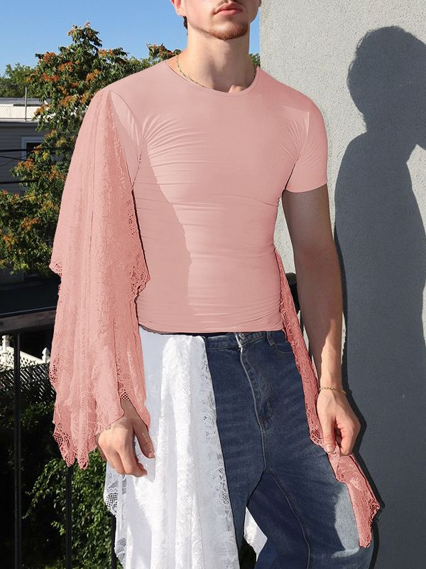 Men's Solid Color Lace Patchwork Knitted Short Sleeve T-shirt SKUL42802