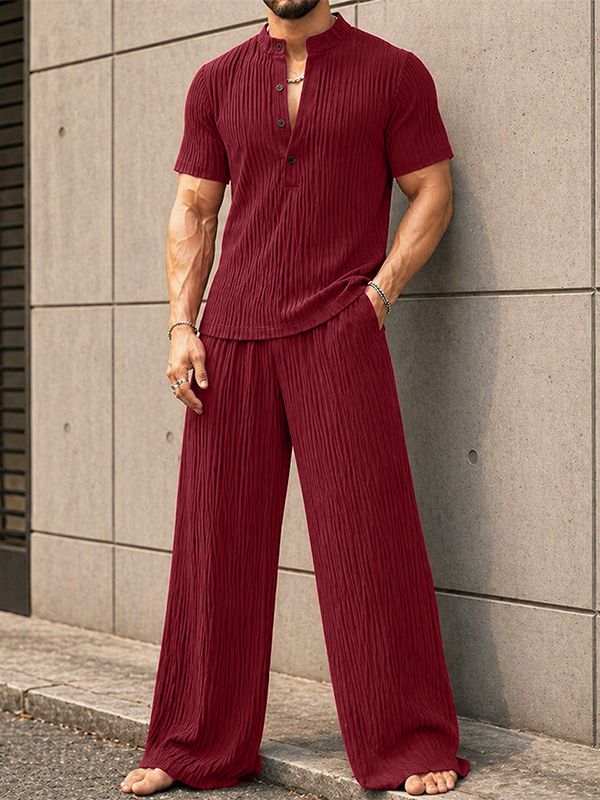 Men's Vintage High Street Mock Neck Pleated Two Pieces Outfit SKUL72653
