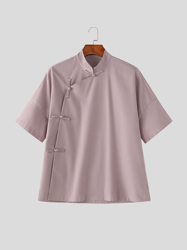 Men's Solid Color Frog Button Short Sleeve Shirt SKUL56252