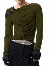 Men's Solid Color Leather Buckle Patchwork Long Sleeve T-shirt SKUL42293