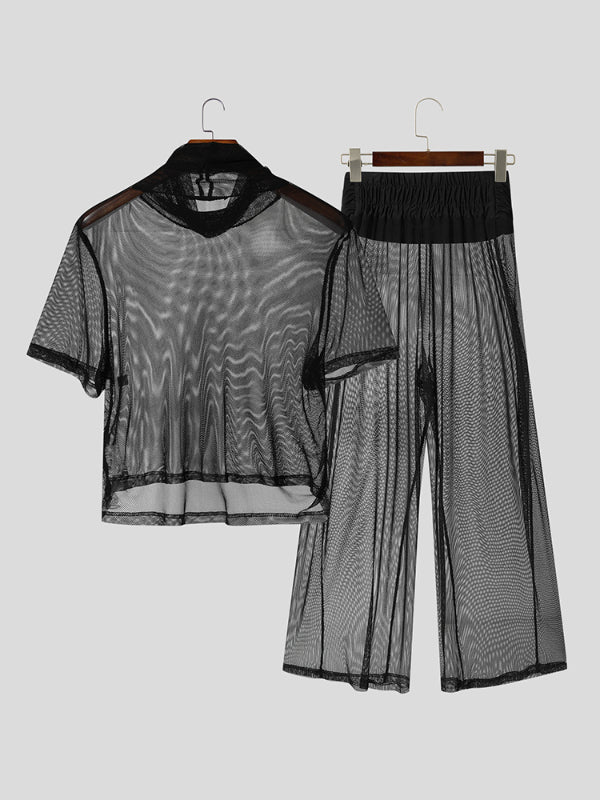 Mens Solid Color Sheer Mesh Two Pieces Outfit SKUL11902
