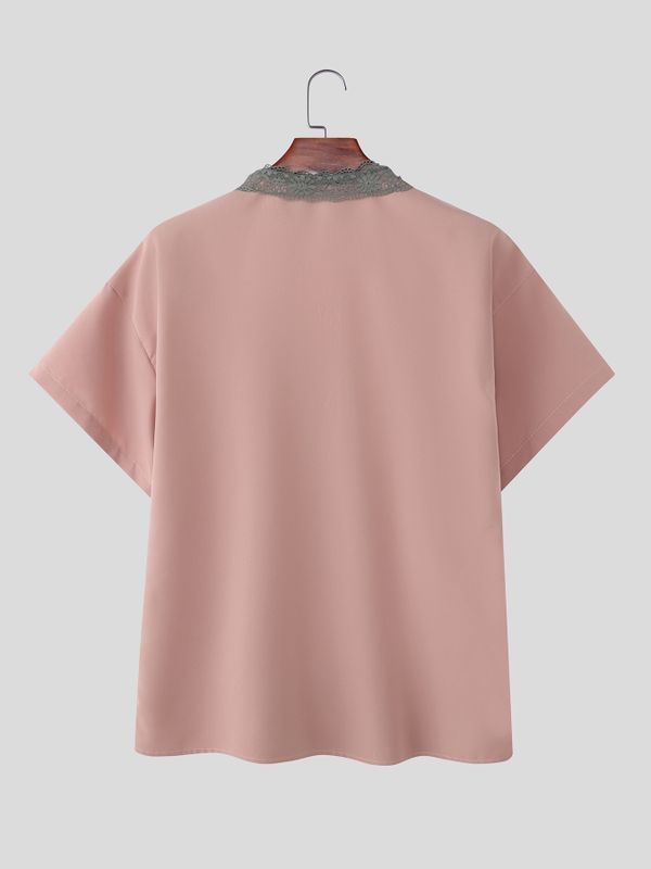 Men's Solid Color Lace Tie Short Sleeve Shirt SKUL56077