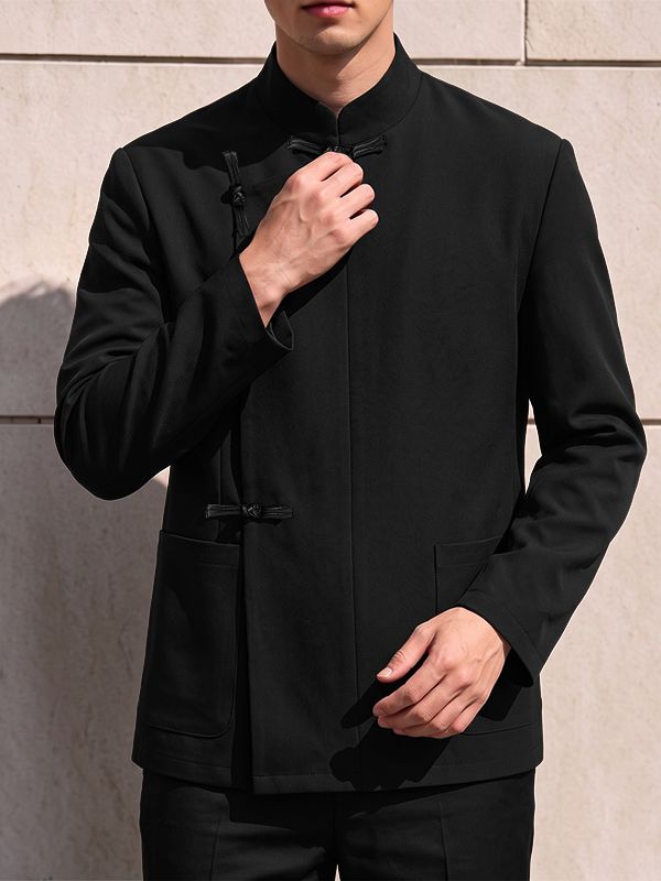 Men's Neo-Chinese Chic Evening Gala Frog Button Stand Collar Asymmetric Slanted Hem Blazer SKUL85969