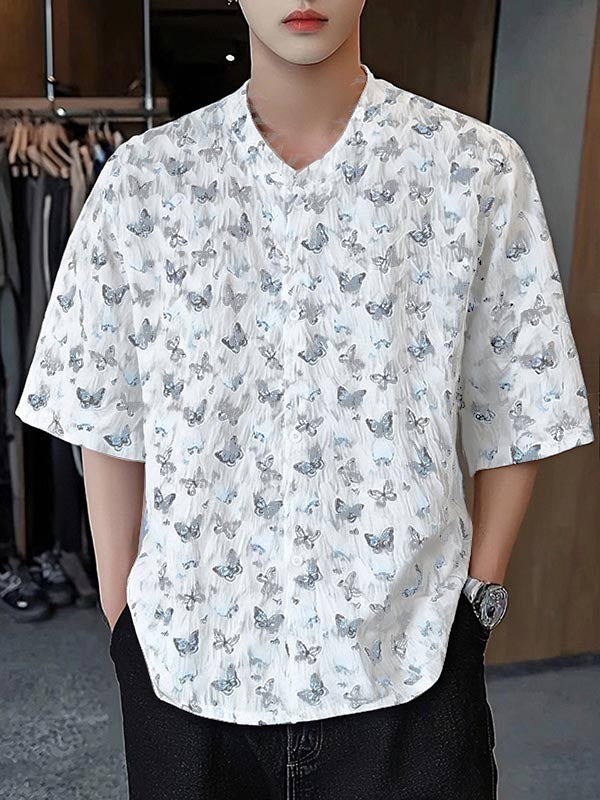 Mens Butterfly Print Textured Short-Sleeve Shirt SKUK96883