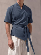 Men's Resort Wear Textured Kimono Wrap Short Sleeve Shirt SKUL78265