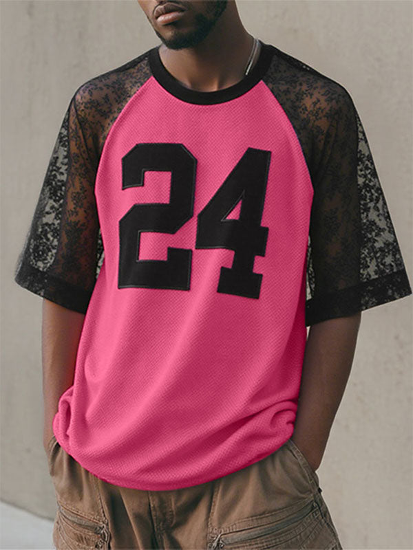 Men's Lace Patchwork Number Print Short Sleeve T-Shirt SKUL18993
