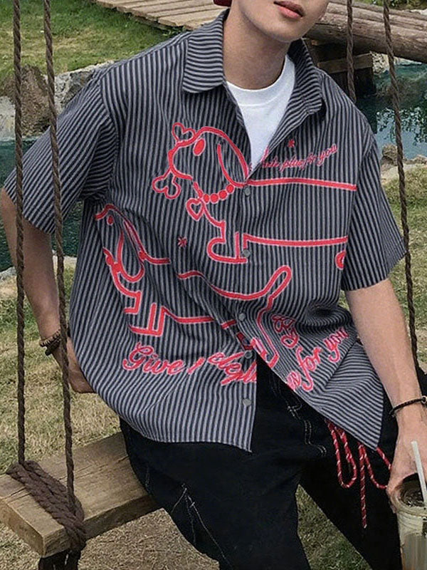 Men's Cartoon Dog Print Striped Short Sleeve Shirt SKUL26987