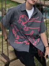 Men's Cartoon Dog Print Striped Short Sleeve Shirt SKUL26987
