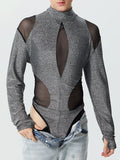 Mens Glitter Mesh Patchwork Long Sleeve Bodysuit SKUK39461