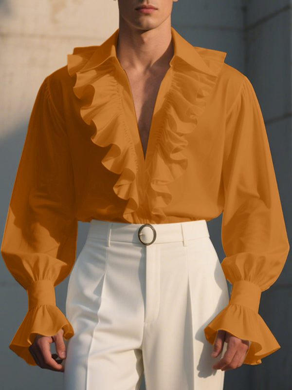 Men's Solid Ruffle Collar Patchwork Long Sleeve Shirt SKUL27259