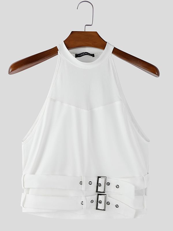 Men's Avant-Garde Mock Neck Mesh Panel Double Buckle Cropped Tank SKUL55394