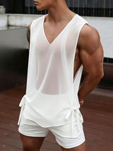 Men's Sheer Chiffon Deep Side Split Tie Hem V-Neck Tank SKUL63642
