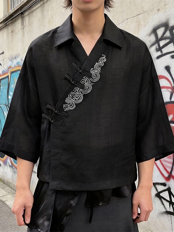 Men's Modern Chinese Kung Fu Aesthetic Frog Button Wide Half Sleeve Shirt SKUL57690