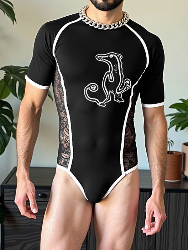 Men's Fun Print Lace Patchwork Bodysuit SKUL21288