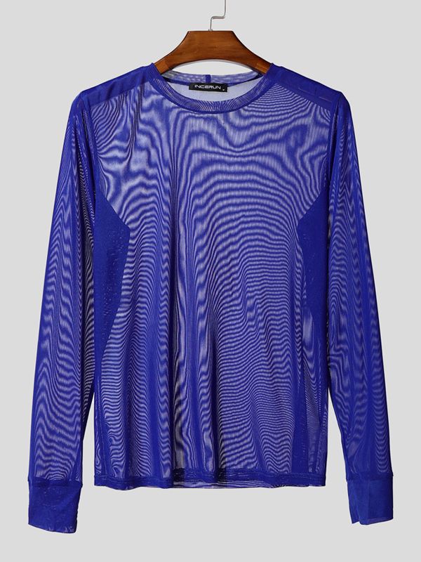 Men's Sheer Mesh Crew Neck Long Sleeve T-shirt SKUL41264