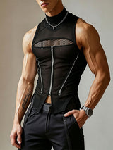 Men's Y2K Cyber-Avant Mesh Cutout Multi-Zipper Mock Neck Fitted Tank SKUL64188