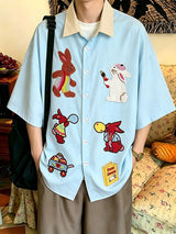 Men's Japanese Harajuku Cute Cartoon Rabbit Graphic Contrast Collar Short Sleeve Shirt SKUL59667