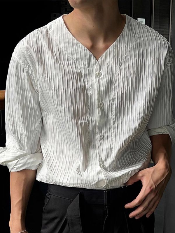 Men's Solid Color Textured Long Sleeve Shirt SKUL41190