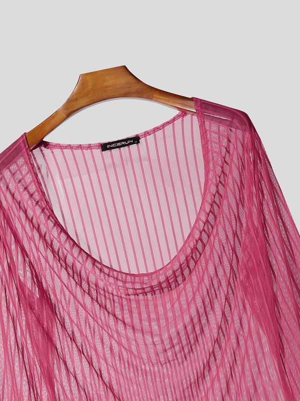Men's Sexy Party Sheer Mesh Stripe Long Sleeve Cowl Neck T-shirt SKUL78343