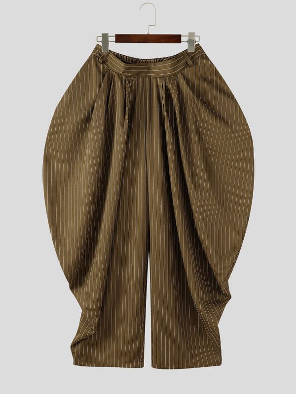 Men's Avant-Garde Pinstripe Deep-Pleated Lantern Silhouette Drop-Crotch Pant SKUL79741