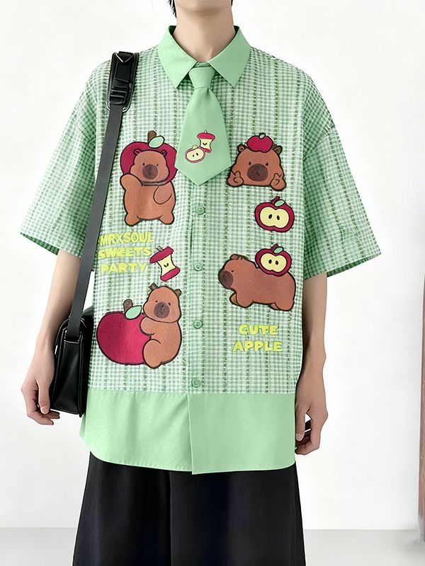 Men's Cartoon Print Plaid Short Sleeve Shirt SKUL50069