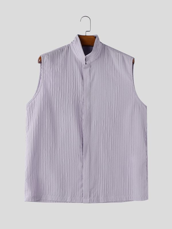 Men's Minimalist Textured Pleated Stand Collar Sleeveless Shirt SKUL72735