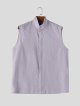 Men's Minimalist Textured Pleated Stand Collar Sleeveless Shirt SKUL72735