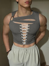 Men's Drawstring Design Hollow Cropped Knit Tank SKUL48604