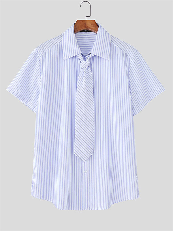 Men's Striped Tie Short Sleeve Shirt SKUL21158
