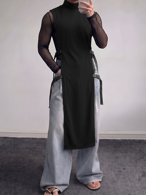 Men's Avant-Garde Darkwear Nightclub Party Side Buckle Strap High-Slit Long-Line Tank SKUL85220