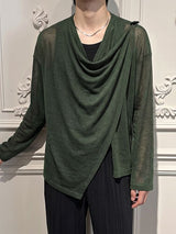 Men's Avant-Garde Asymmetrical Draped Cowl Neck Semi-Sheer T-shirt SKUL77324