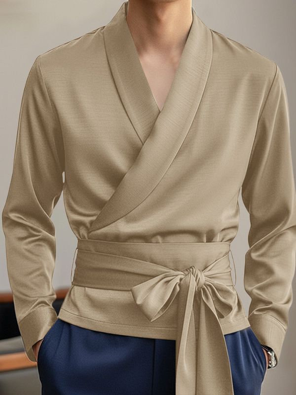 Men's Asymmetrical Placket Lace Up Cinched Waist Long Sleeve Shirt SKUL44020