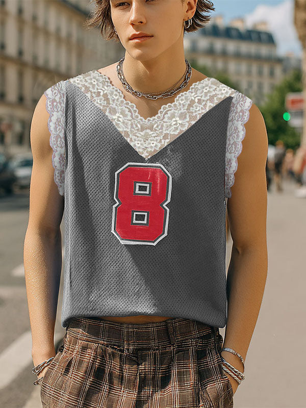 Men's Lace Patchwork Number Print Tank SKUL20288