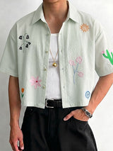 Men's Avant-Garde Whimsical Embroidered Cropped Pinstripe Short Sleeve Shirt SKUL74579