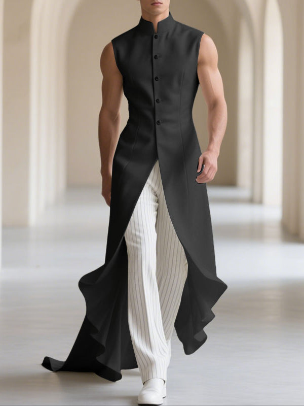 Mens Solid Color Ruffled Long Hem Sleeveless Waistcoat SKUL23621