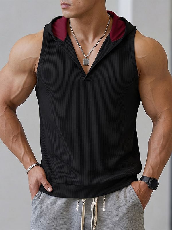Men's Street Techwear wo-Tone Contrast Hooded Plunging V-Neck Ribbed Fitted Gym Tank SKUL73203