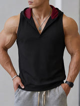 Men's Street Techwear wo-Tone Contrast Hooded Plunging V-Neck Ribbed Fitted Gym Tank SKUL73203
