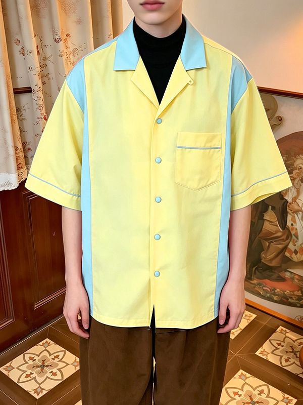 Men's Retro Color-Block Patchwork Cuban Collar Shirt SKUL63835