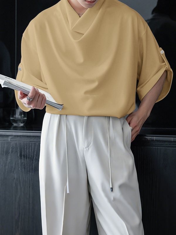 Men's Avant-Garde Cowl Neck Oversized Roll-Up Sleeve Pullover Shirt SKUL70266