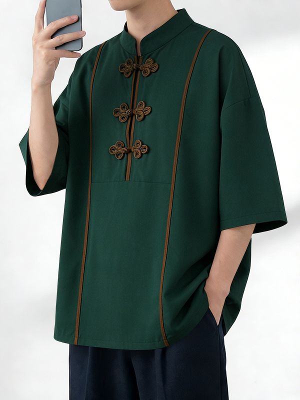 Men's Contrast Trim Frog Button Stand Collar Half Sleeve Shirt SKUL60611