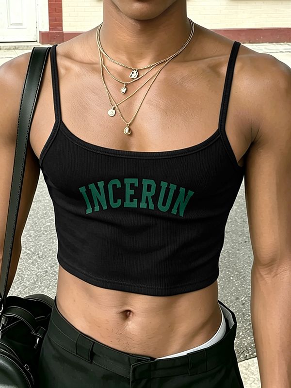 Men's Avant-Garde Genderless Y2K Aesthetic Letter Print Ribbed Knit Cropped Cami Tank SKUL58690