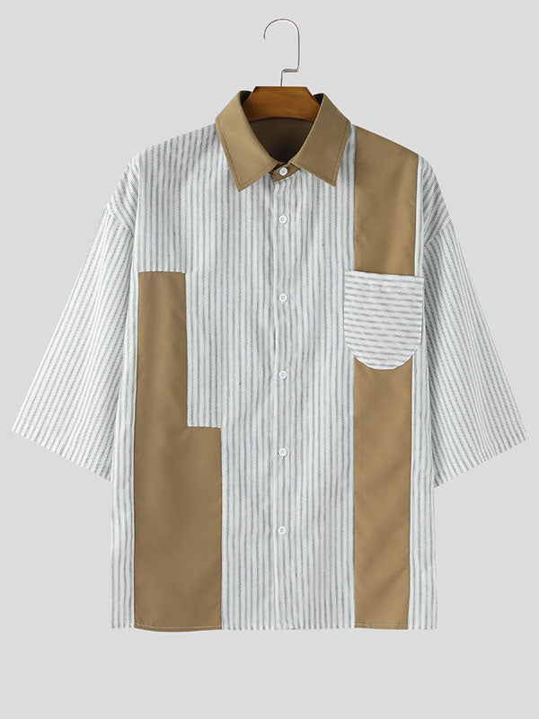 Mens Striped Patchwork Casual Short Sleeve Shirt SKUL15377