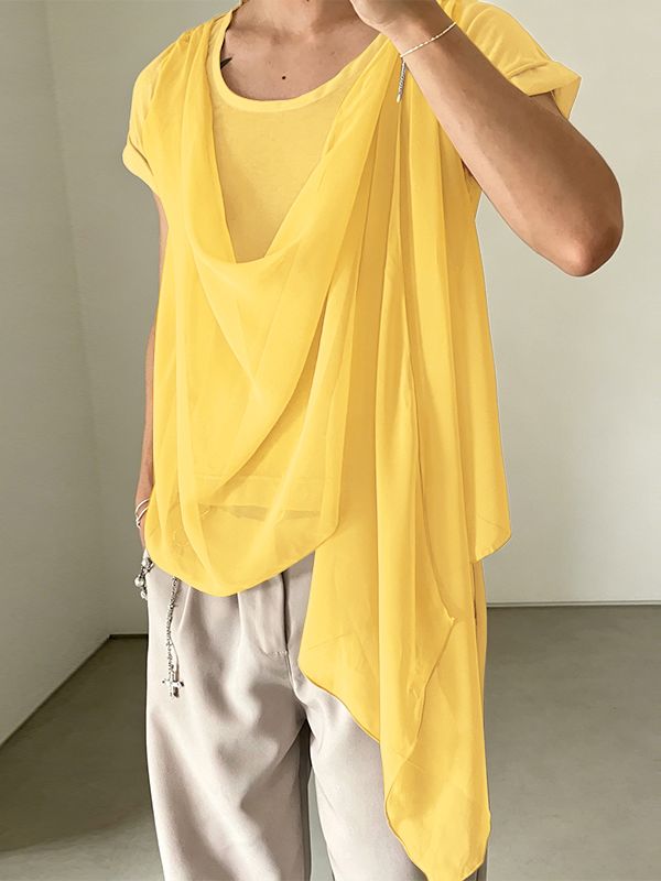 Men's Elegant Genderless Aesthetic Draped Asymmetric Fake Two Piece Chiffon T-shirt SKUL60126