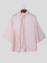Men's Avant-Garde Sheer Pinstripe Pussy-Bow Neck Ties Oversized Short Sleeve Shirt SKUL66224