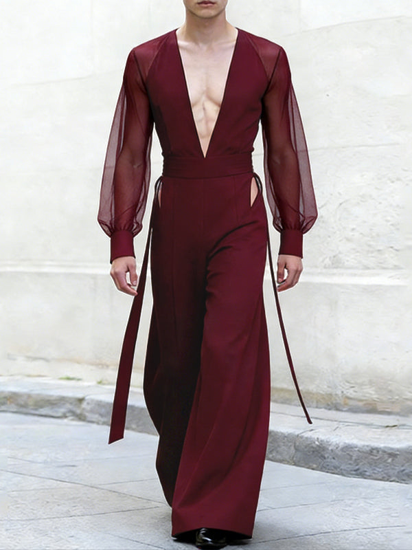 Men's Ribbon Design Sheer Mesh Long Sleeve Jumpsuit SKUL53285