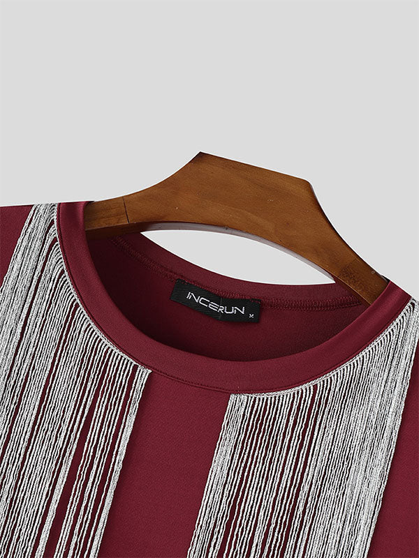 Men's Glitter Tassel Patchwork Crew Neck Long Sleeve T-Shirt SKUL23657