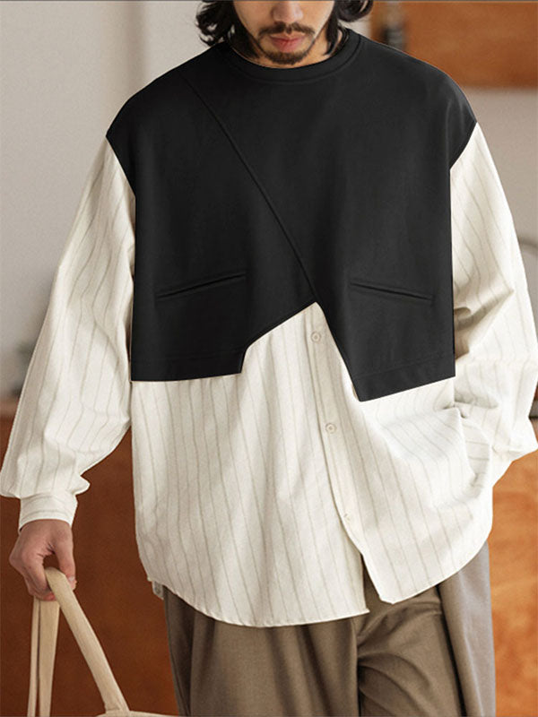 Men's Faux Two-Piece Striped Long Sleeve Shirt SKUL28317