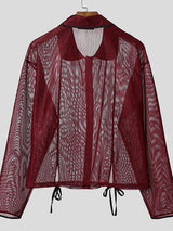 Men's Sheer Fine Mesh Contrast Trim Lace Up Long Sleeve Shirt SKUL48012