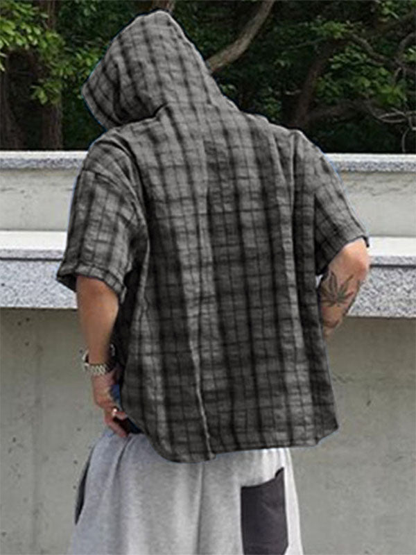 Mens Plaid Hooded Short Sleeve Shirt SKUL21113