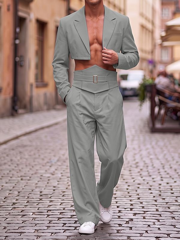 Mens Solid Color Loose Cropped Two Pieces Outfit SKUK93594
